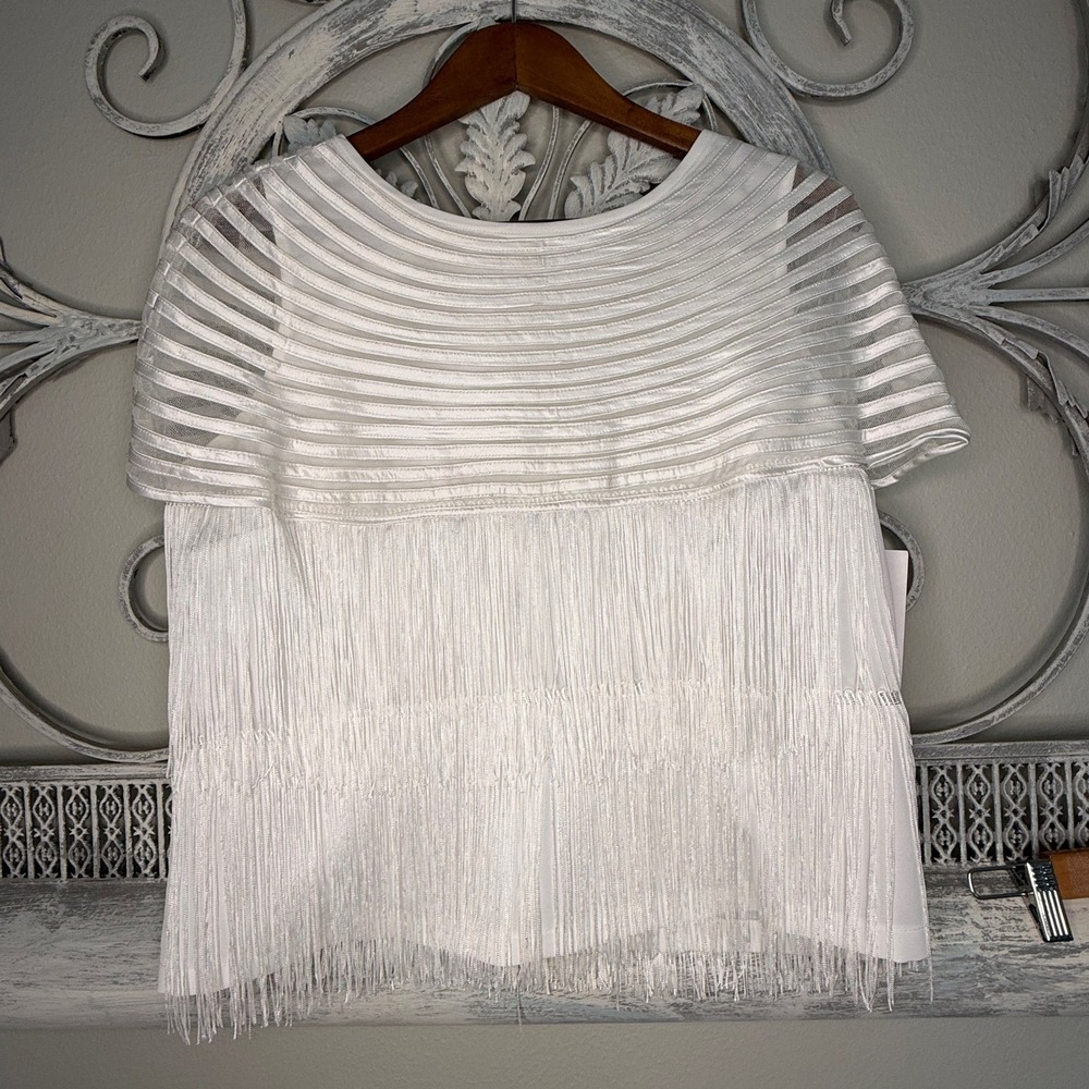 Ashro White Fringe 2 Piece Pant Set Mesh Top Wide Leg Pants Style Womens Size M - Picture 10 of 16